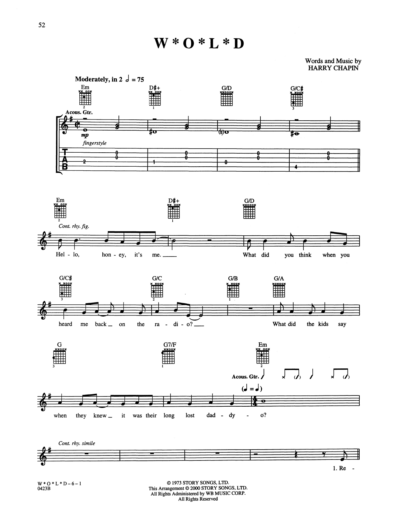 Harry Chapin W*o*l*d Sheet Music Notes & Chords for Guitar Tab - Download or Print PDF