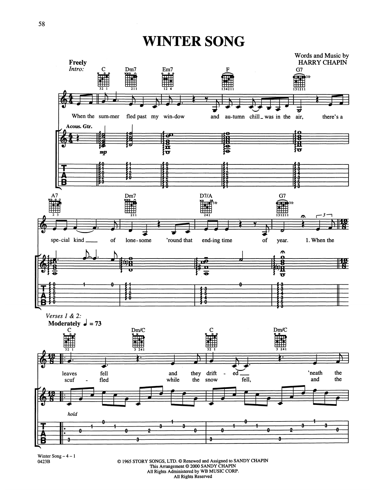 Harry Chapin Winter Song Sheet Music Notes & Chords for Guitar Tab - Download or Print PDF