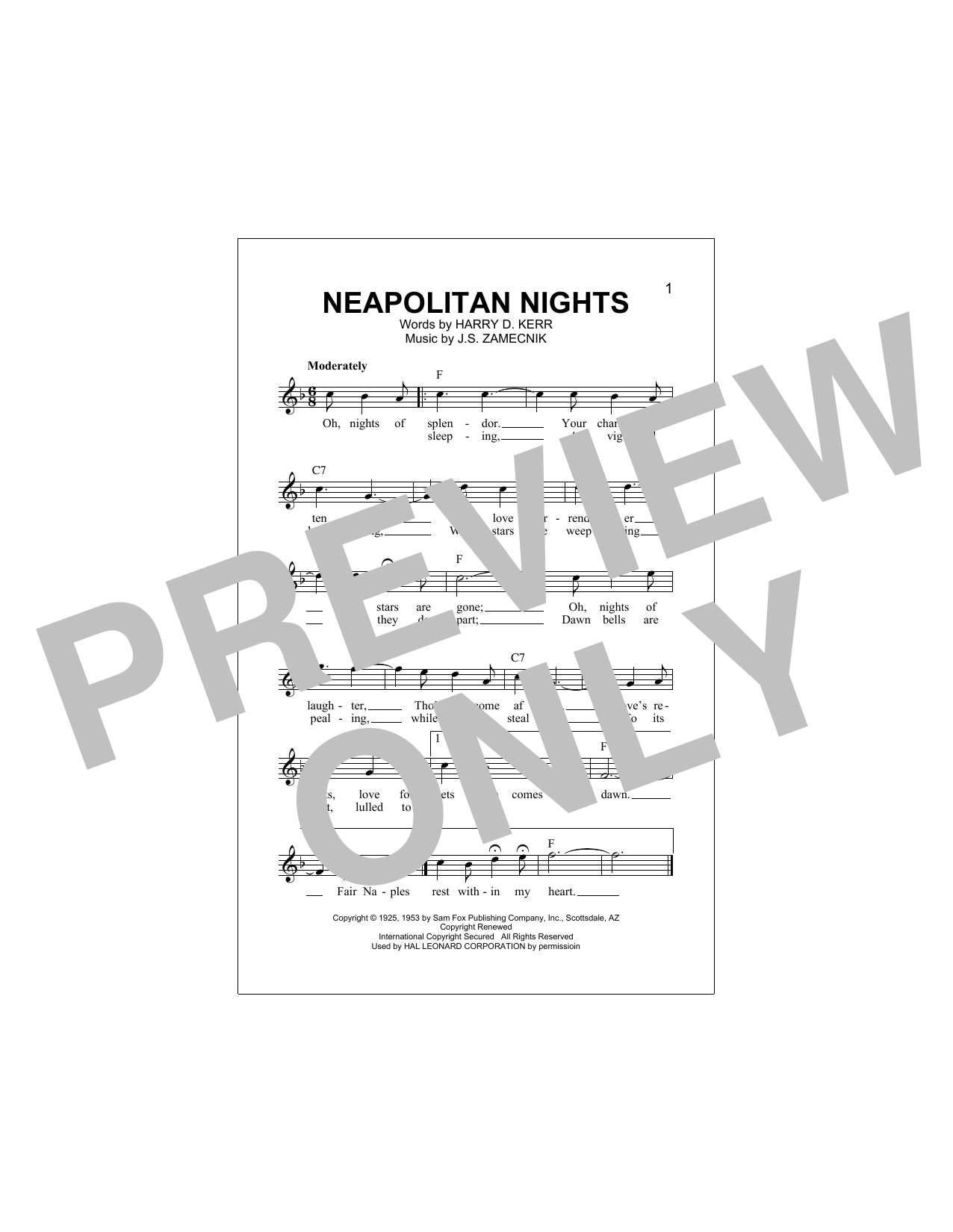 Harry D. Kerr Neapolitan Nights Sheet Music Notes & Chords for Melody Line, Lyrics & Chords - Download or Print PDF