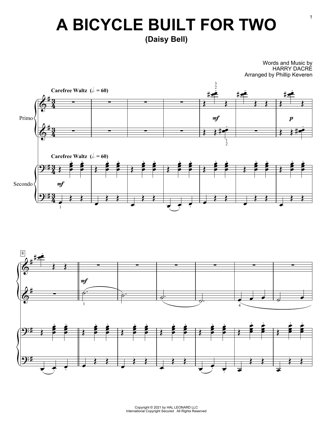 Harry Dacre A Bicycle Built For Two (Daisy Bell) (arr. Phillip Keveren) Sheet Music Notes & Chords for Piano Duet - Download or Print PDF