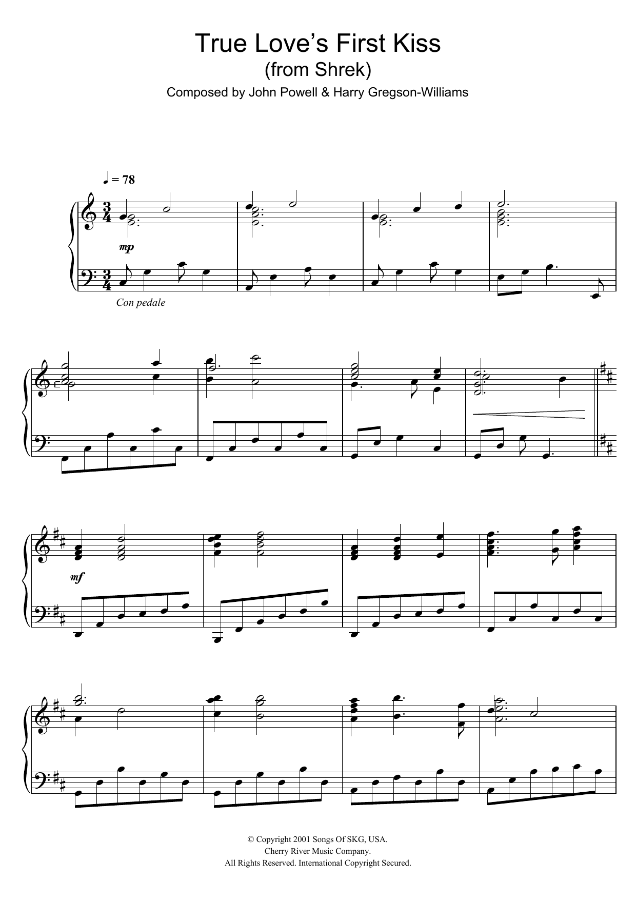 Harry Gregson-Williams, John Powell Shrek (True Love's First Kiss) Sheet Music Notes & Chords for Piano - Download or Print PDF