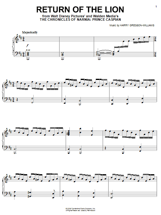 Harry Gregson-Williams Return Of The Lion Sheet Music Notes & Chords for Piano - Download or Print PDF