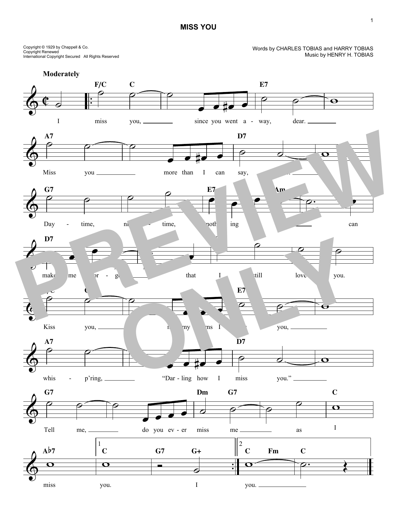 Harry Henry Miss You Sheet Music Notes & Chords for Melody Line, Lyrics & Chords - Download or Print PDF