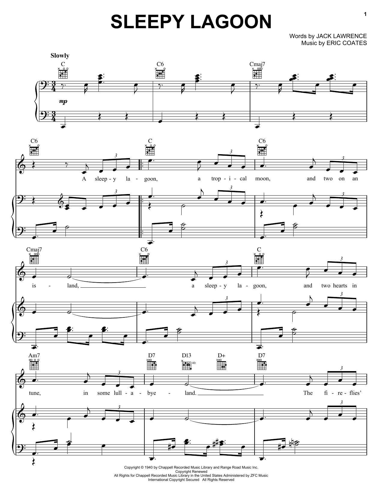 Harry James Sleepy Lagoon Sheet Music Notes & Chords for Piano, Vocal & Guitar (Right-Hand Melody) - Download or Print PDF