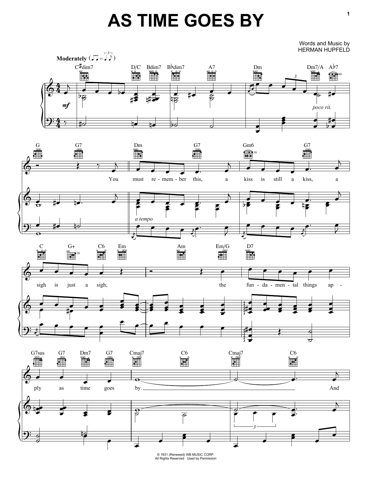 Harry Nilsson As Time Goes By Sheet Music Notes & Chords for Piano, Vocal & Guitar (Right-Hand Melody) - Download or Print PDF