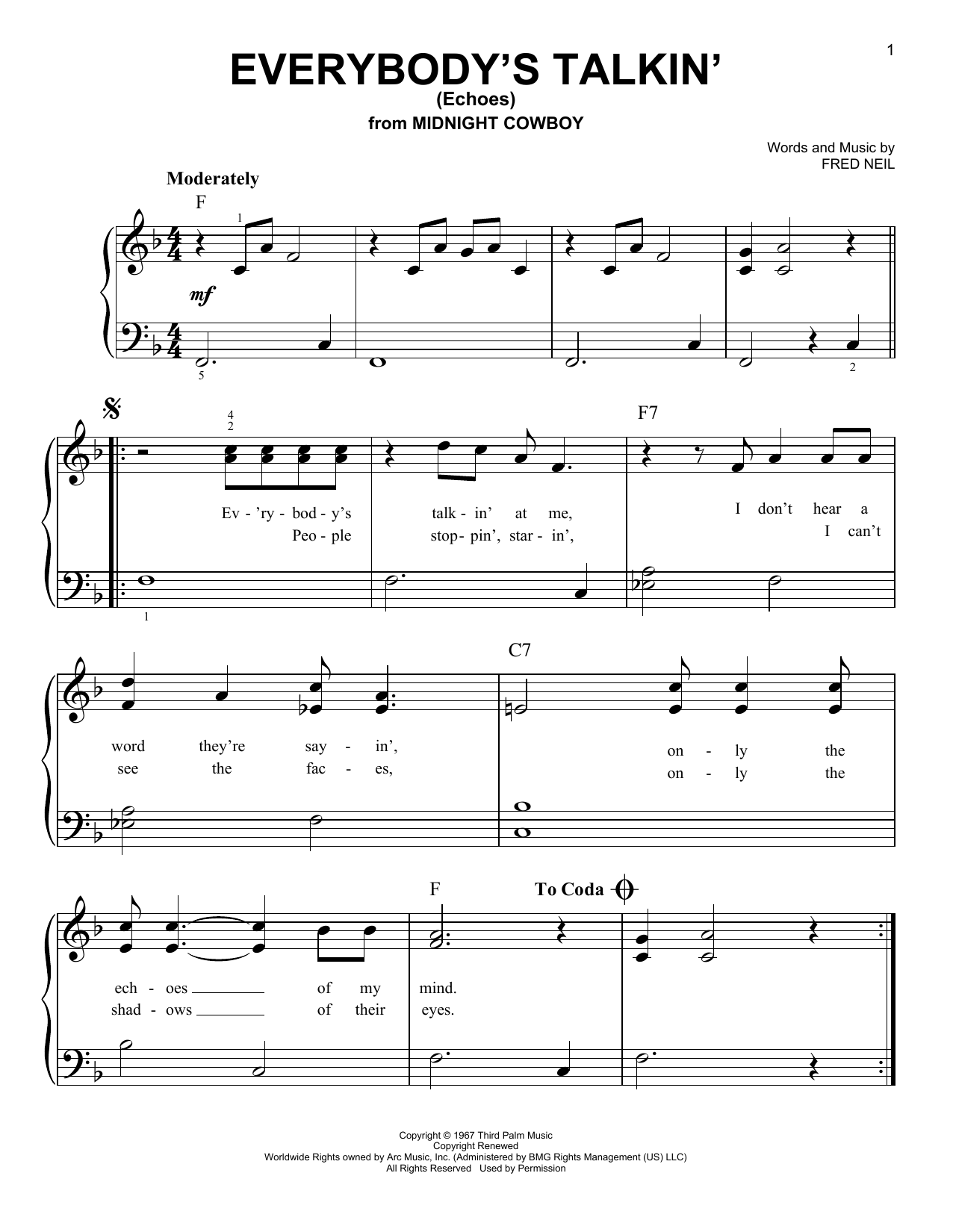 Harry Nilsson Everybody's Talkin' (Echoes) Sheet Music Notes & Chords for Piano, Vocal & Guitar (Right-Hand Melody) - Download or Print PDF