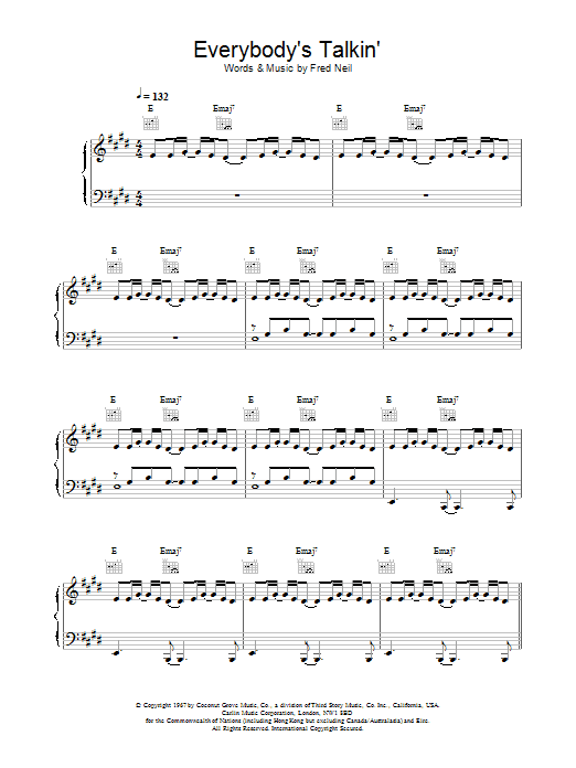 Nilsson Everybody's Talkin' Sheet Music Notes & Chords for Beginner Piano - Download or Print PDF