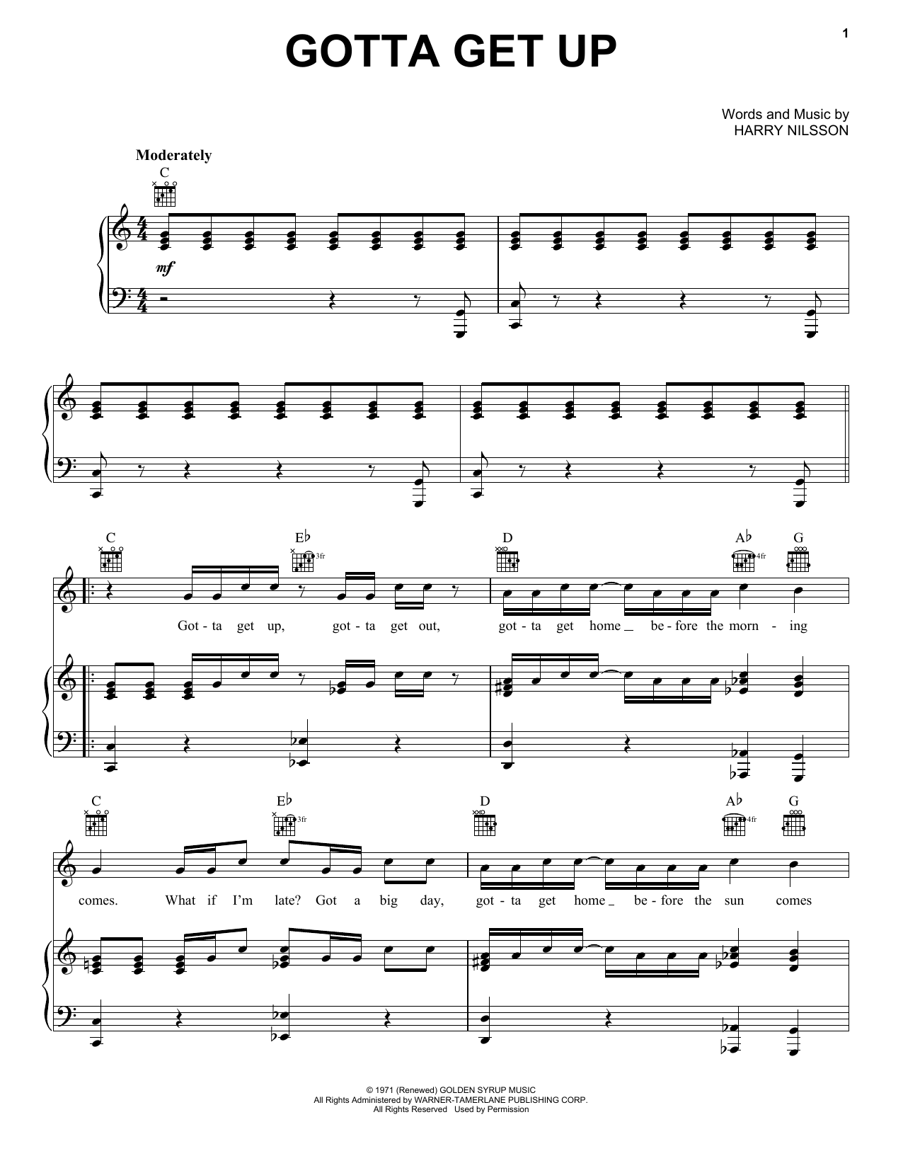 Harry Nilsson Gotta Get Up Sheet Music Notes & Chords for Piano, Vocal & Guitar (Right-Hand Melody) - Download or Print PDF