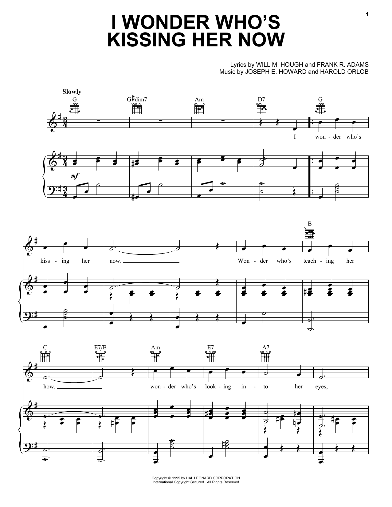 Harry Nilsson I Wonder Who's Kissing Her Now Sheet Music Notes & Chords for Piano, Vocal & Guitar Chords (Right-Hand Melody) - Download or Print PDF