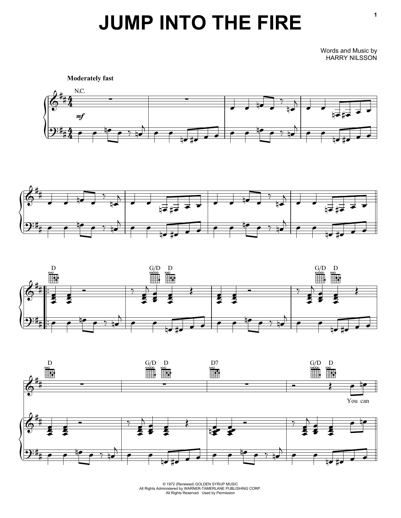 Harry Nilsson Jump Into The Fire Sheet Music Notes & Chords for Piano, Vocal & Guitar (Right-Hand Melody) - Download or Print PDF