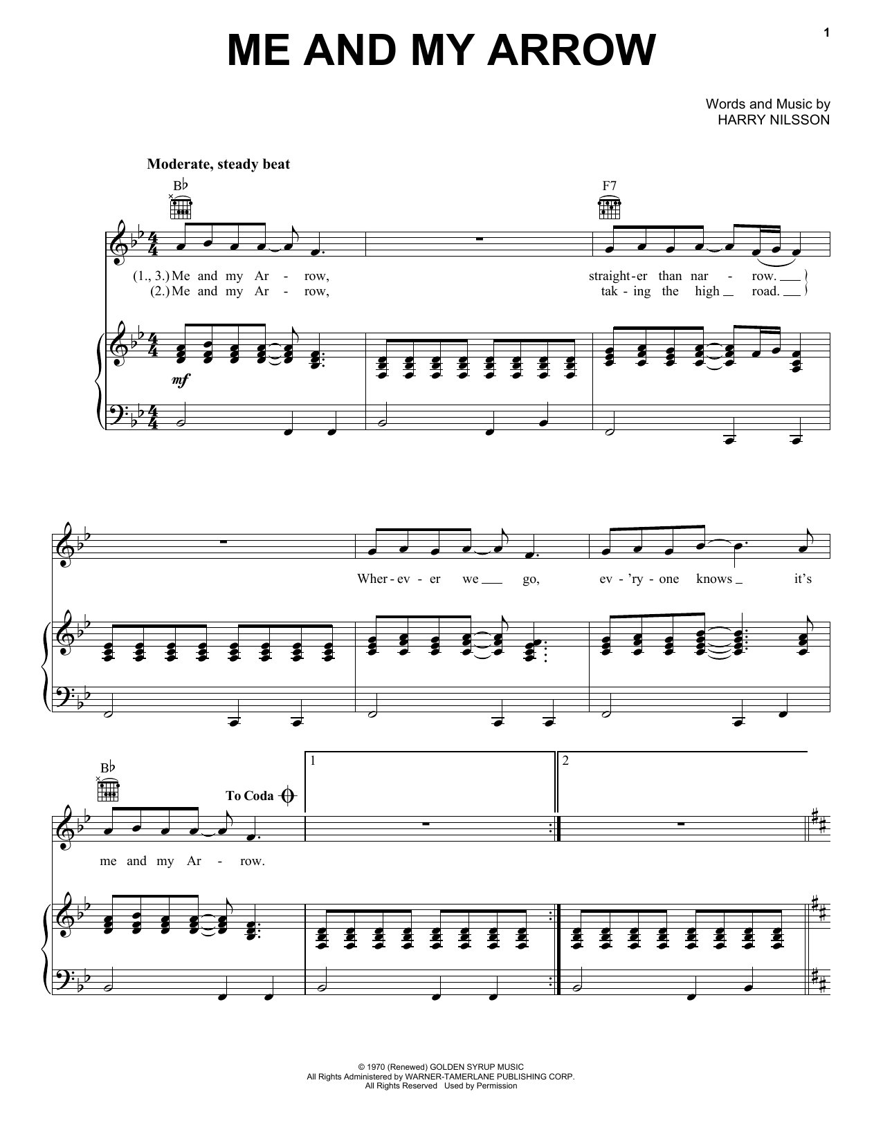 Harry Nilsson Me And My Arrow Sheet Music Notes & Chords for Piano, Vocal & Guitar (Right-Hand Melody) - Download or Print PDF