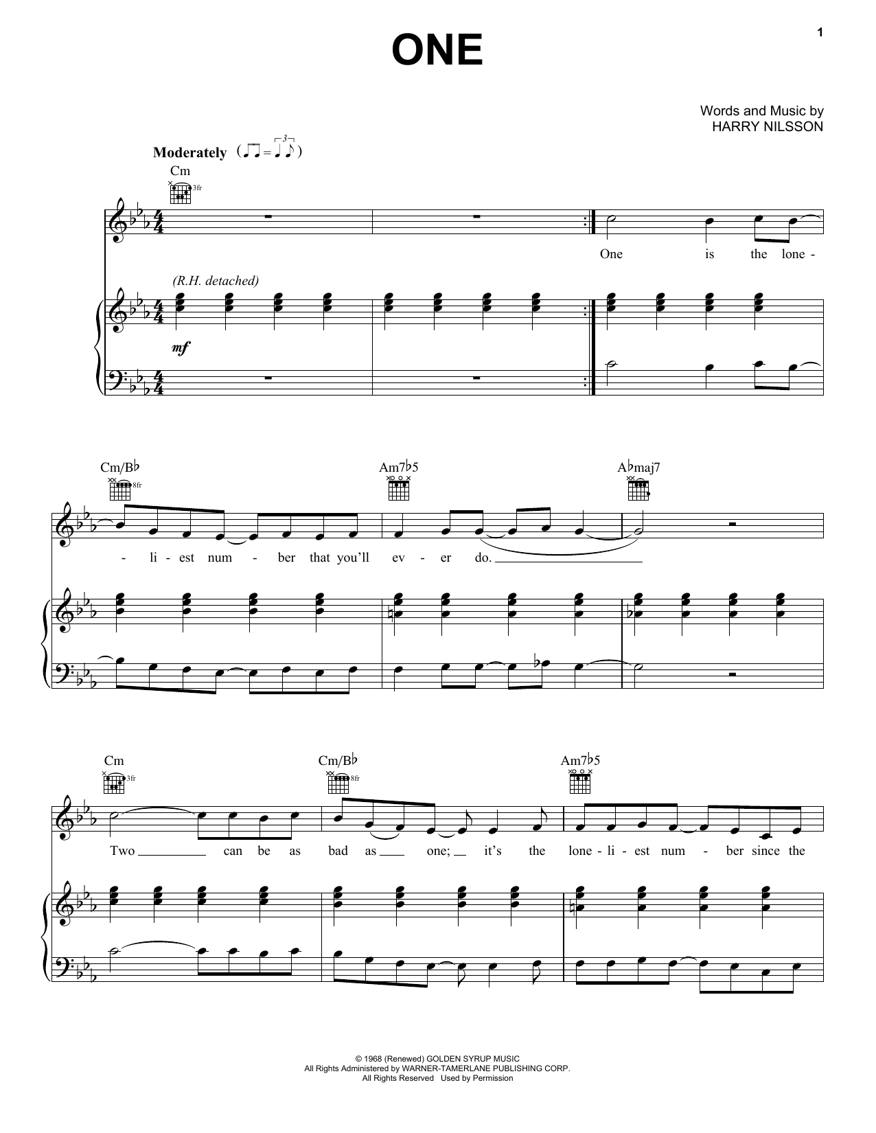 Harry Nilsson One Sheet Music Notes & Chords for Piano, Vocal & Guitar (Right-Hand Melody) - Download or Print PDF