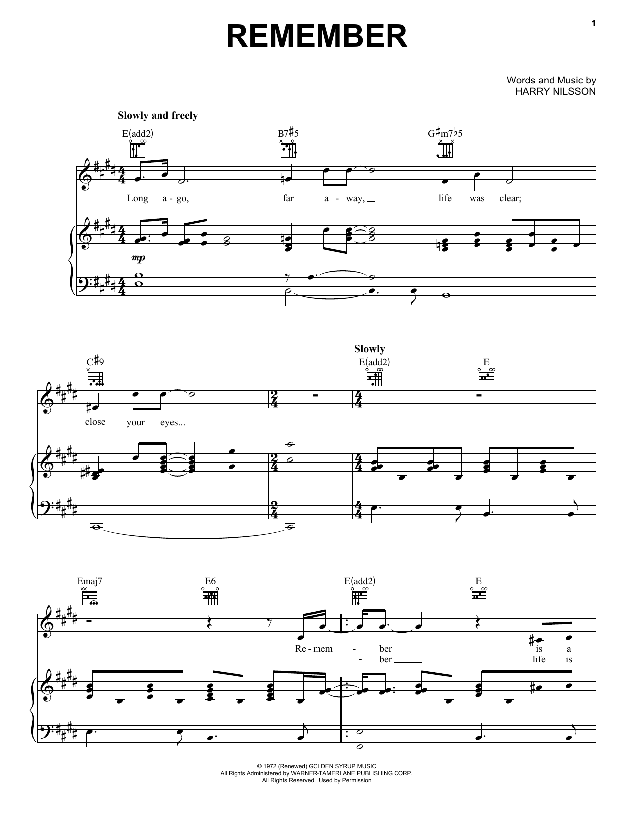 Harry Nilsson Remember Sheet Music Notes & Chords for Piano, Vocal & Guitar (Right-Hand Melody) - Download or Print PDF