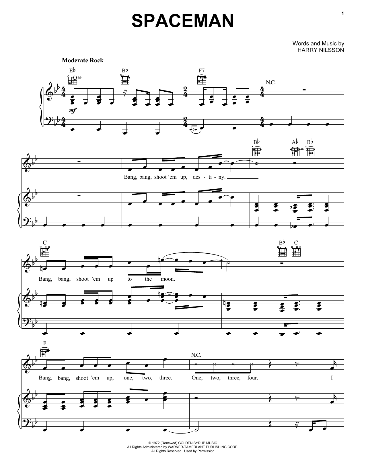 Harry Nilsson Spaceman Sheet Music Notes & Chords for Piano, Vocal & Guitar (Right-Hand Melody) - Download or Print PDF