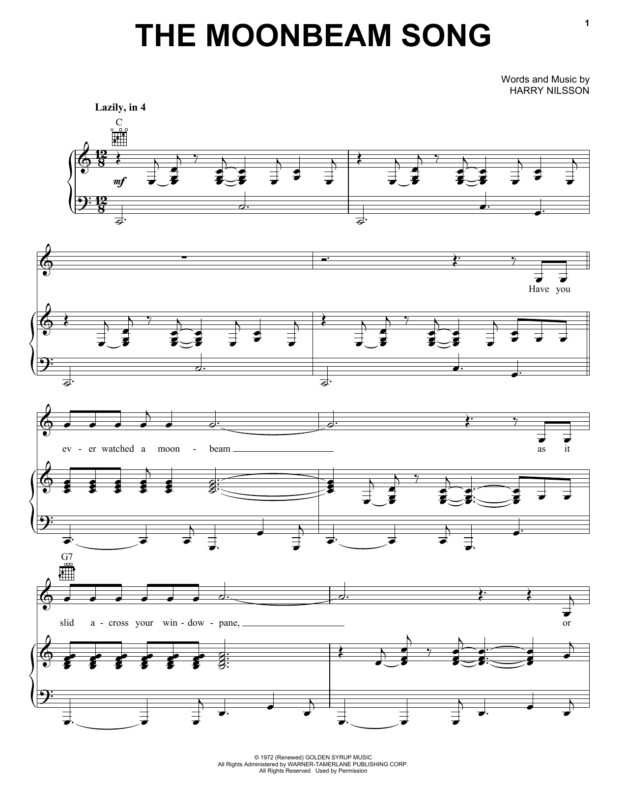 Harry Nilsson The Moonbeam Song Sheet Music Notes & Chords for Piano, Vocal & Guitar (Right-Hand Melody) - Download or Print PDF