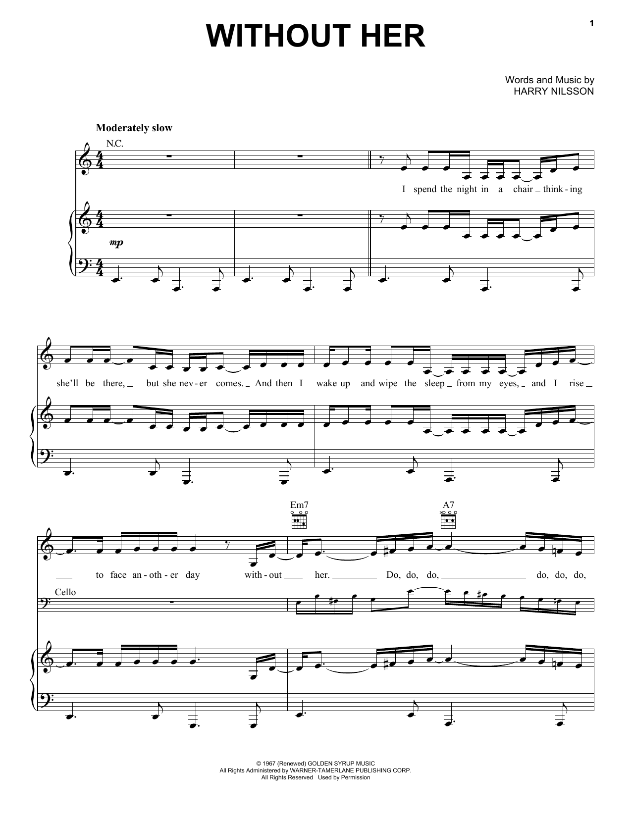 Harry Nilsson Without Her Sheet Music Notes & Chords for Piano, Vocal & Guitar (Right-Hand Melody) - Download or Print PDF