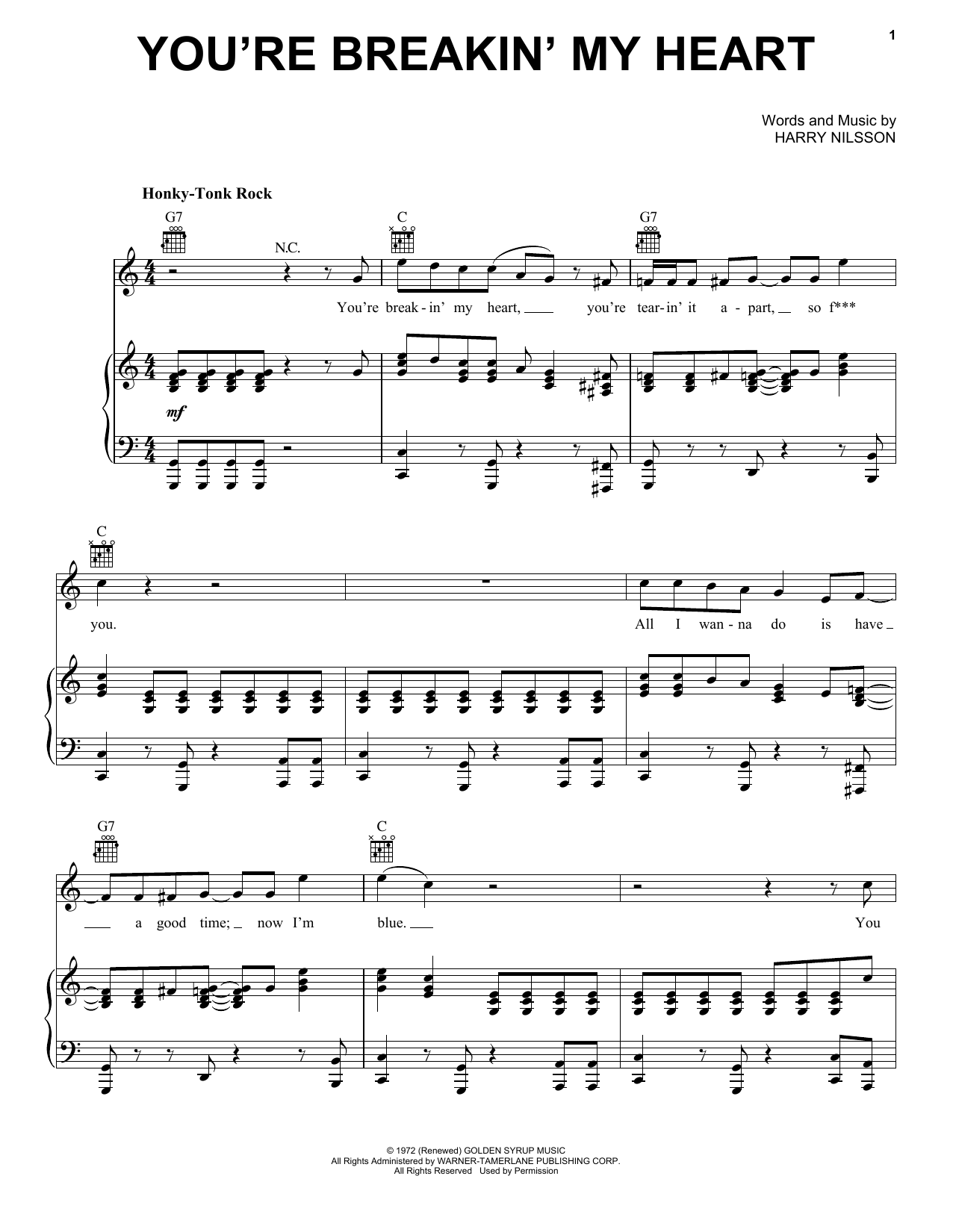Harry Nilsson You're Breakin' My Heart Sheet Music Notes & Chords for Piano, Vocal & Guitar (Right-Hand Melody) - Download or Print PDF