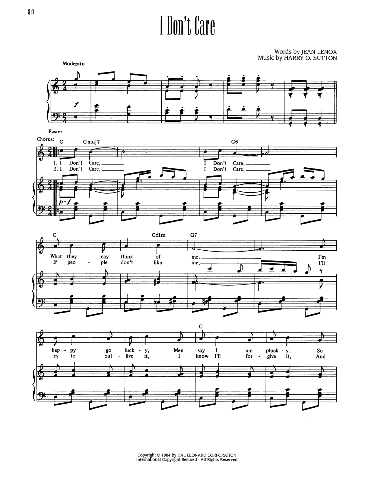 Harry O. Sutton I Don't Care Sheet Music Notes & Chords for Piano, Vocal & Guitar Chords (Right-Hand Melody) - Download or Print PDF