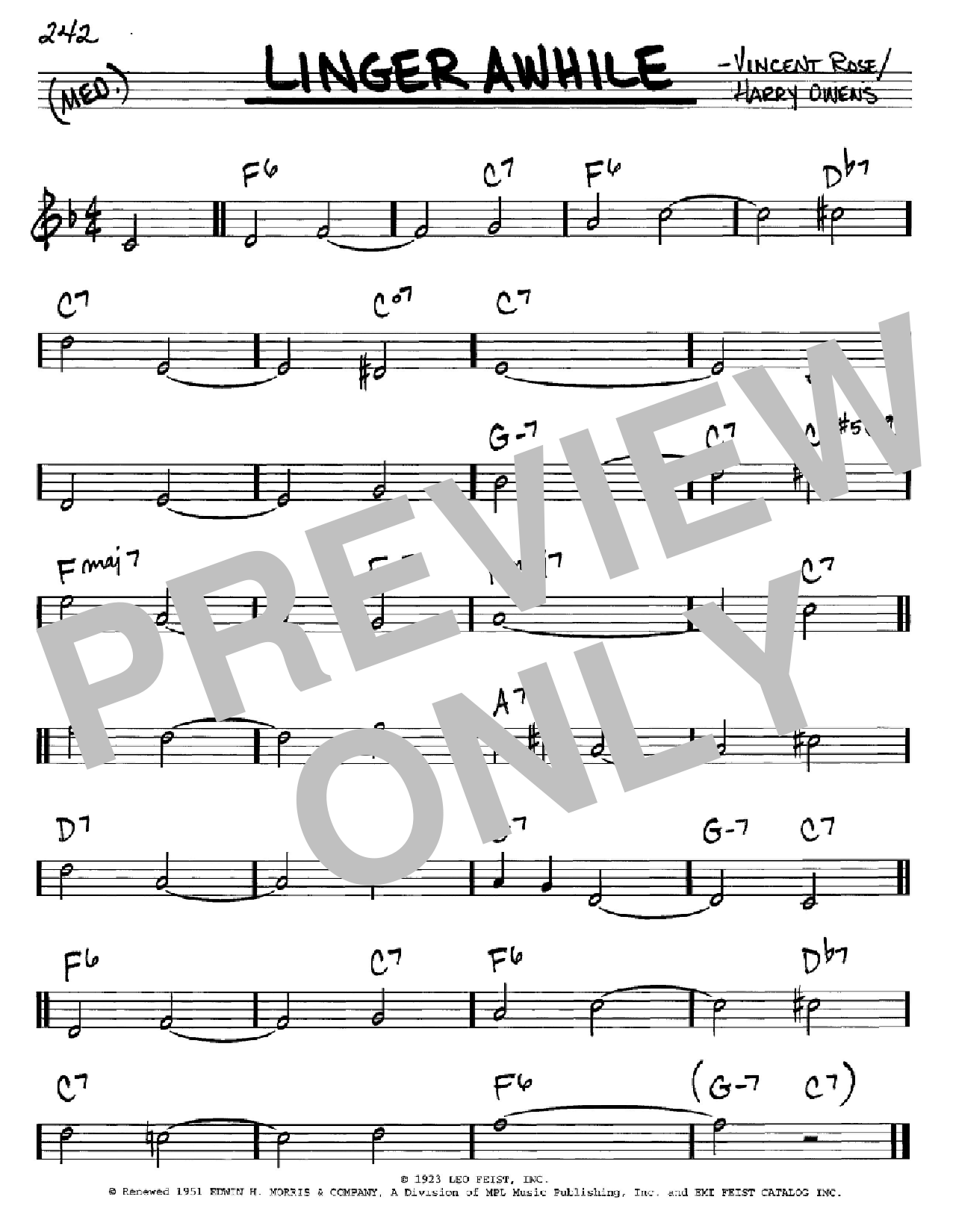 Harry Owens Linger Awhile Sheet Music Notes & Chords for Melody Line, Lyrics & Chords - Download or Print PDF