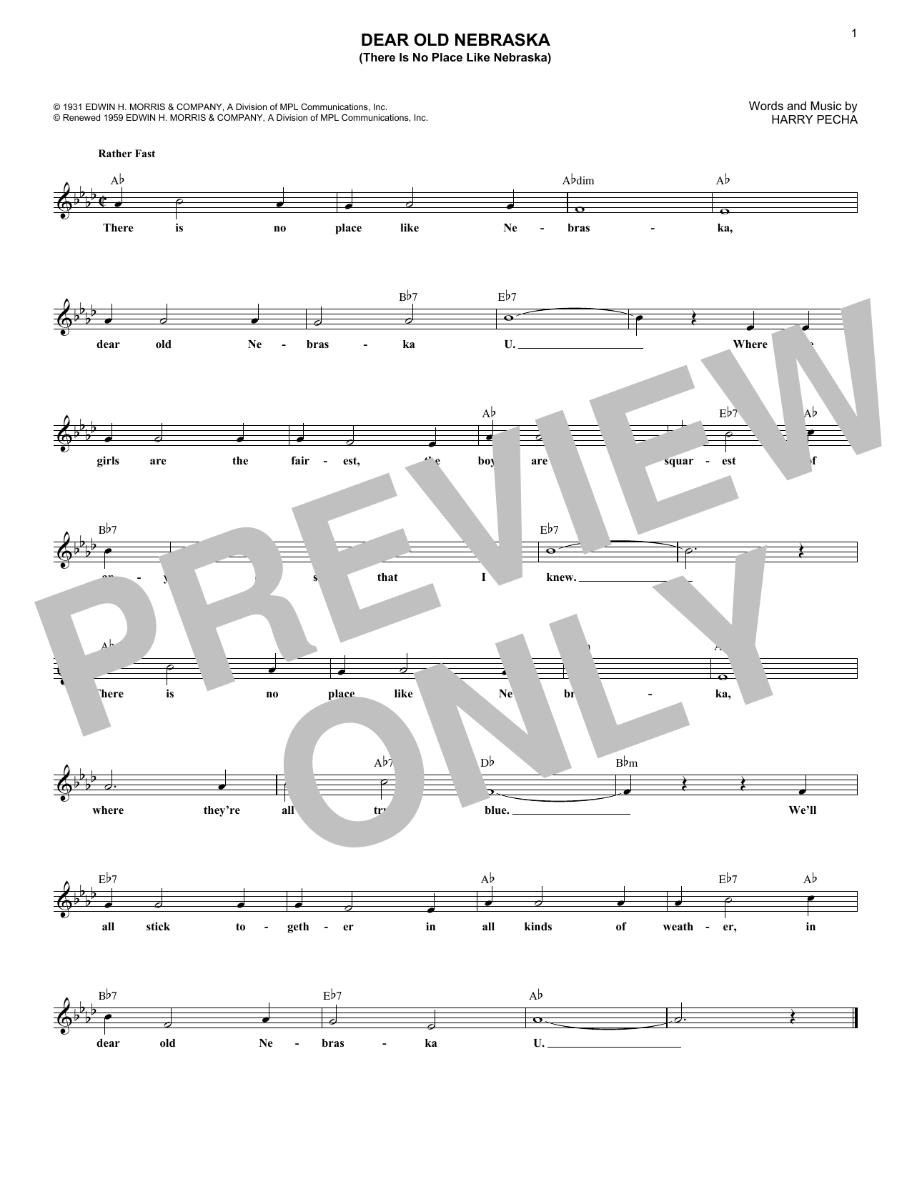 Harry Pecha Dear Old Nebraska U. (There Is No Place Like Nebraska) Sheet Music Notes & Chords for Melody Line, Lyrics & Chords - Download or Print PDF
