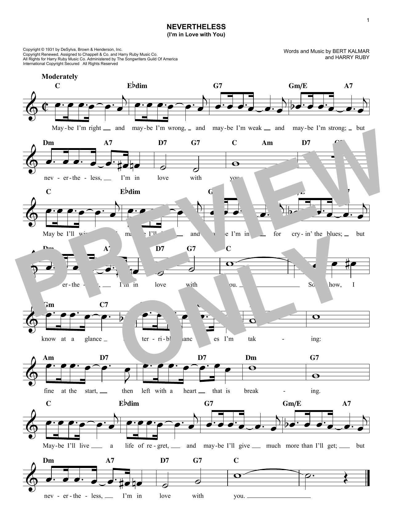 Harry Ruby Nevertheless (I'm In Love With You) Sheet Music Notes & Chords for Melody Line, Lyrics & Chords - Download or Print PDF