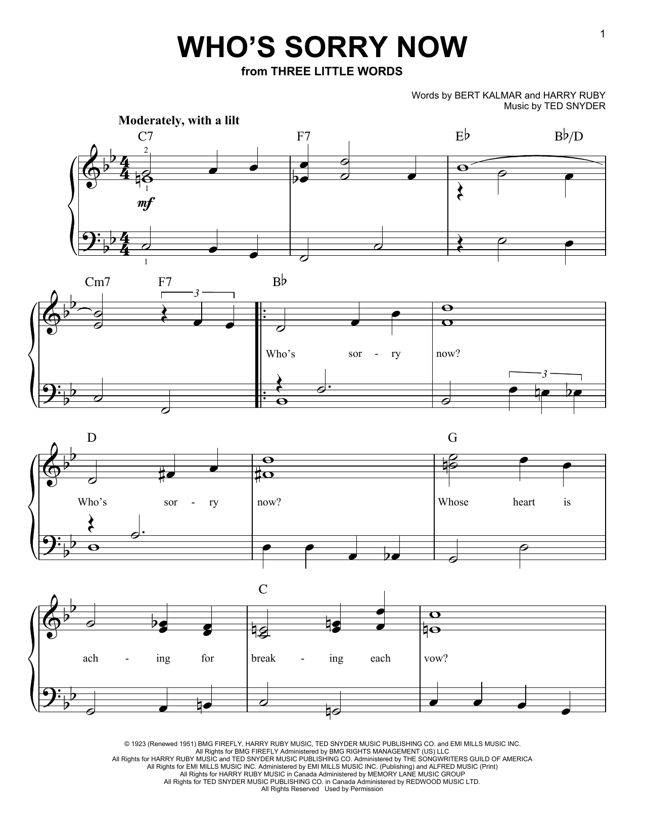 Harry Ruby Who's Sorry Now Sheet Music Notes & Chords for Easy Piano - Download or Print PDF