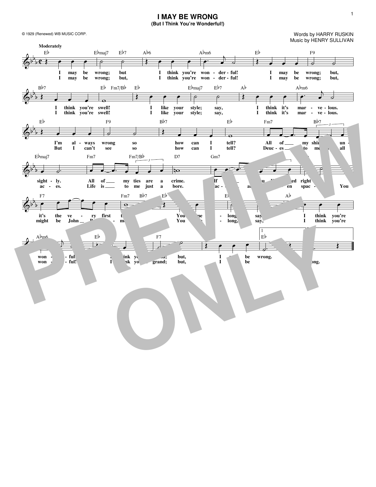Harry Ruskin I May Be Wrong (But I Think You're Wonderful!) Sheet Music Notes & Chords for Real Book – Melody & Chords - Download or Print PDF