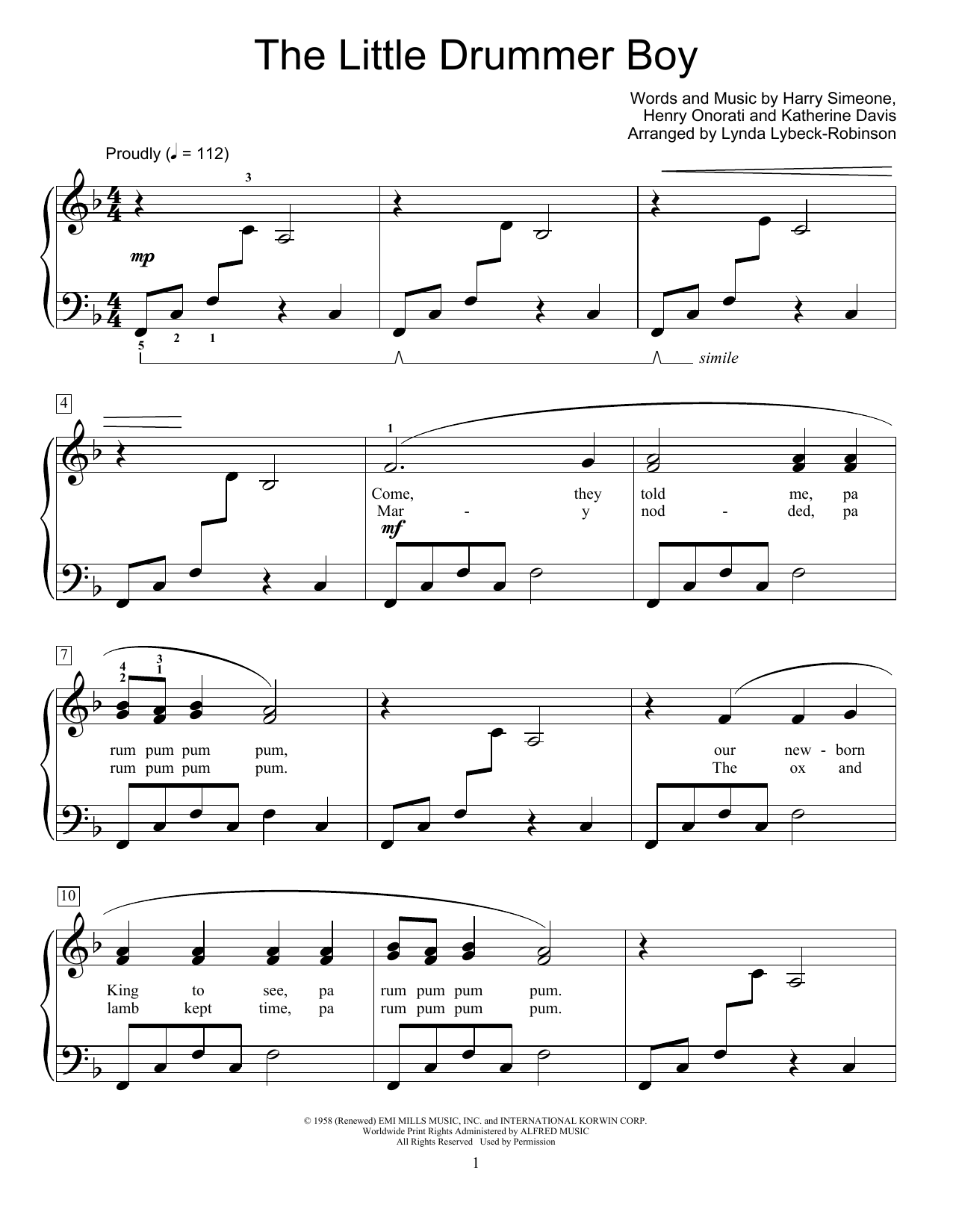 Harry Simeone The Little Drummer Boy (arr. Lynda Lybeck-Robinson) Sheet Music Notes & Chords for Educational Piano - Download or Print PDF