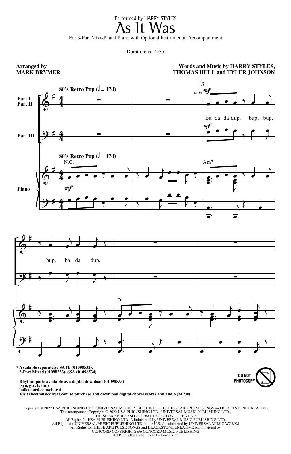 Harry Styles As It Was (arr. Mark Brymer) Sheet Music Notes & Chords for SSA Choir - Download or Print PDF
