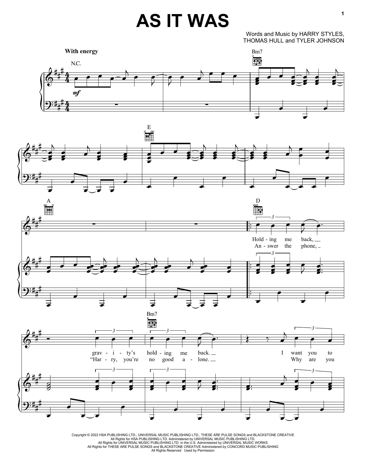 Harry Styles As It Was Sheet Music Notes & Chords for Piano, Vocal & Guitar Chords (Right-Hand Melody) - Download or Print PDF