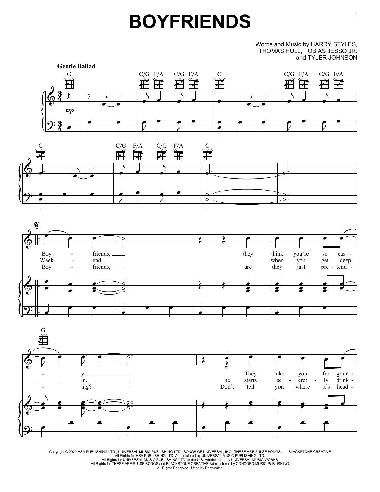 Harry Styles Boyfriends Sheet Music Notes & Chords for Piano, Vocal & Guitar Chords (Right-Hand Melody) - Download or Print PDF