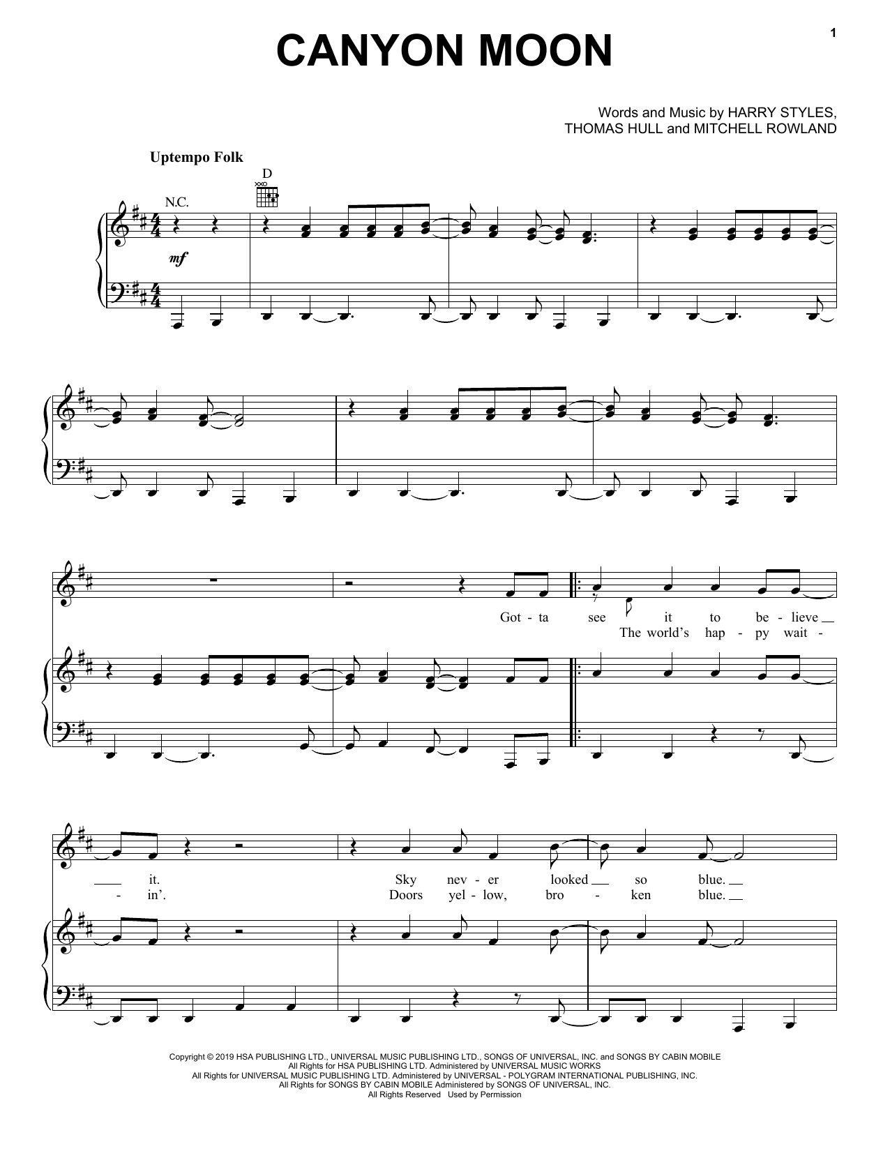 Harry Styles Canyon Moon Sheet Music Notes & Chords for Piano, Vocal & Guitar (Right-Hand Melody) - Download or Print PDF