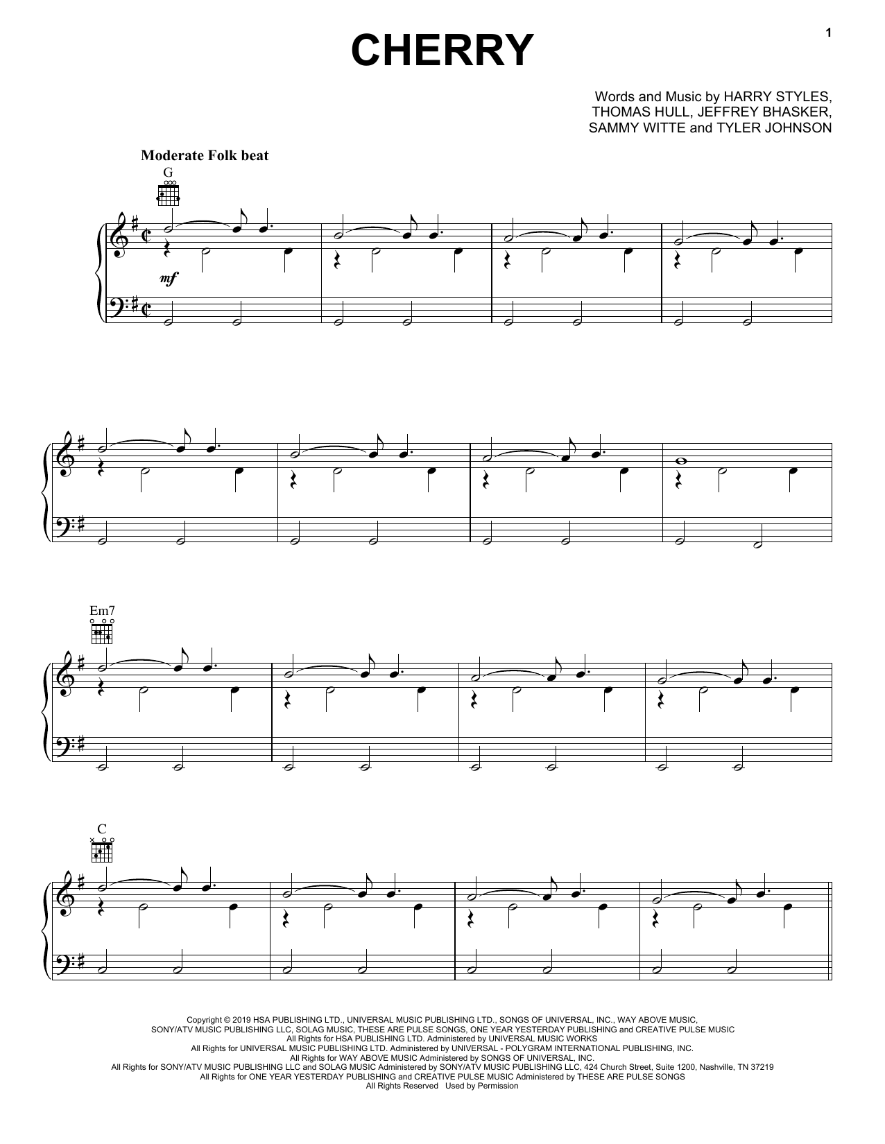 Harry Styles Cherry Sheet Music Notes & Chords for Piano, Vocal & Guitar (Right-Hand Melody) - Download or Print PDF