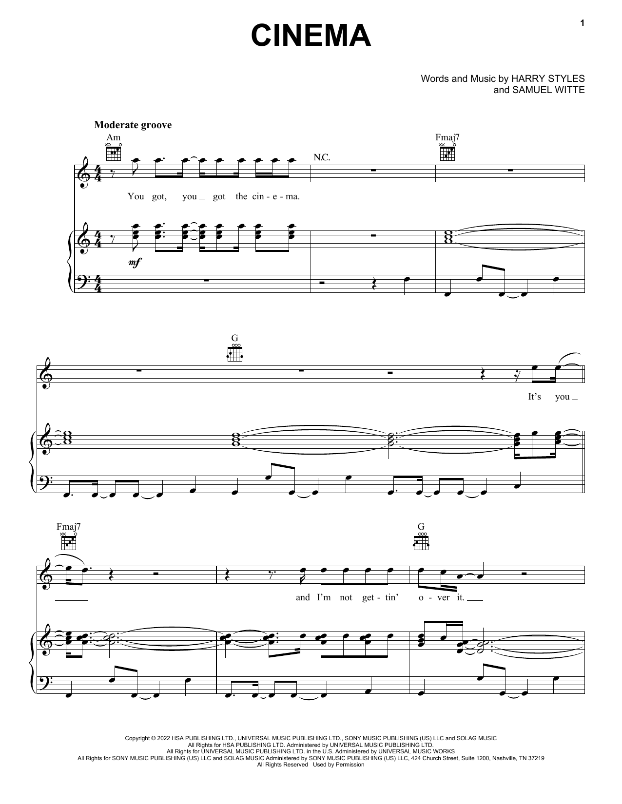 Harry Styles Cinema Sheet Music Notes & Chords for Piano, Vocal & Guitar Chords (Right-Hand Melody) - Download or Print PDF