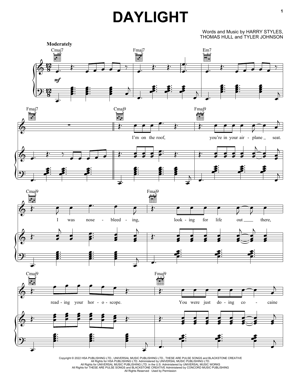 Harry Styles Daylight Sheet Music Notes & Chords for Piano, Vocal & Guitar Chords (Right-Hand Melody) - Download or Print PDF