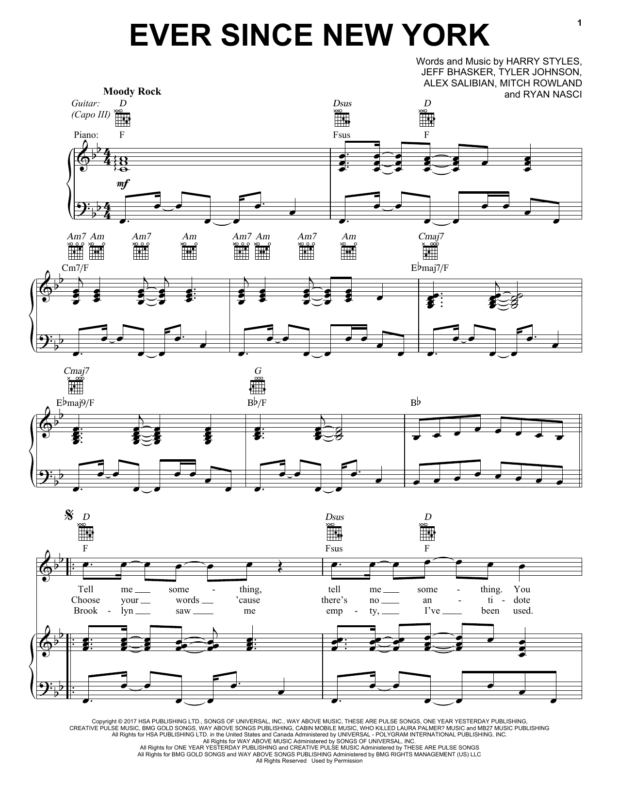 Harry Styles Ever Since New York Sheet Music Notes & Chords for Piano, Vocal & Guitar (Right-Hand Melody) - Download or Print PDF