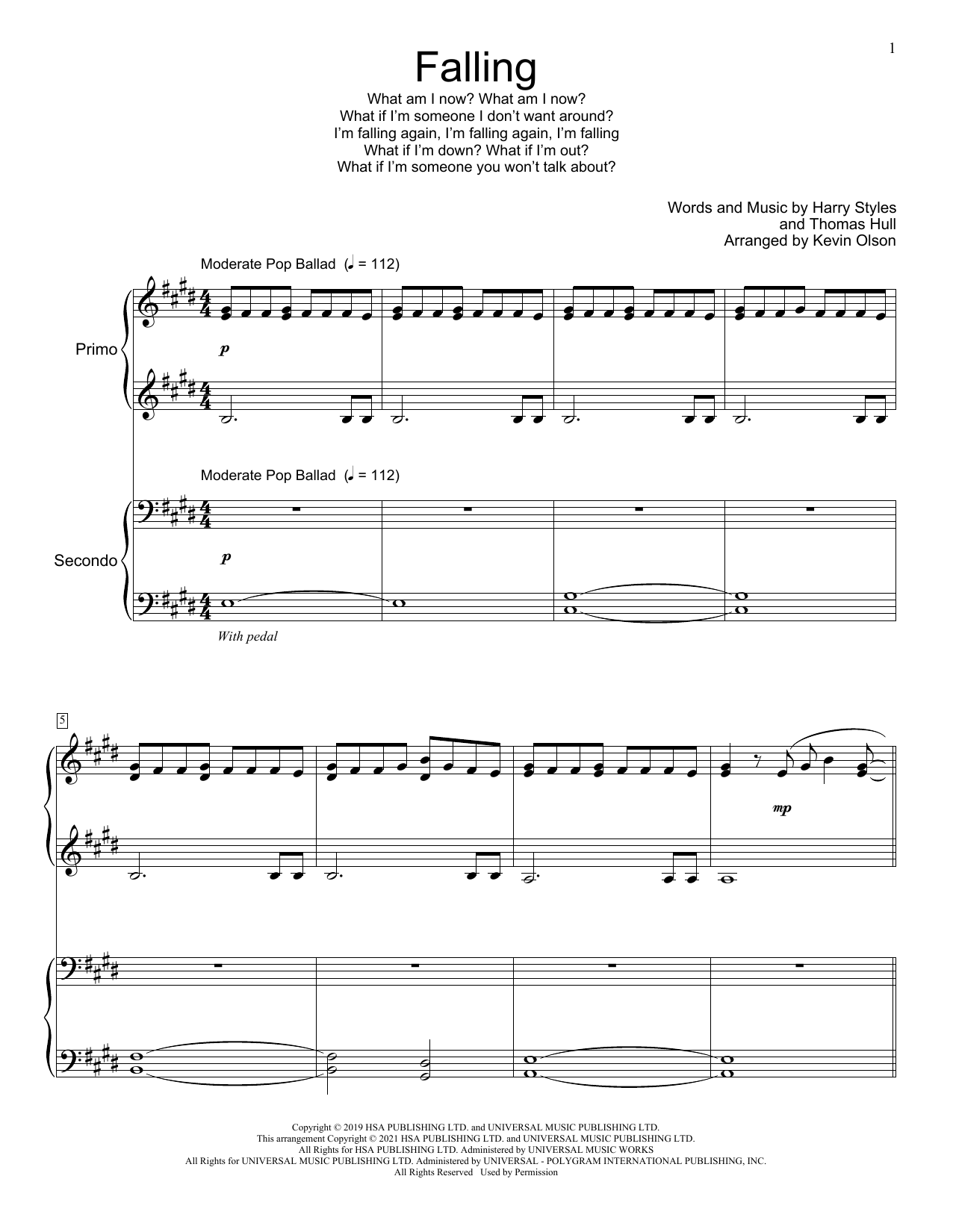 Harry Styles Falling (arr. Kevin Olson) Sheet Music Notes & Chords for Piano Duet - Download or Print PDF