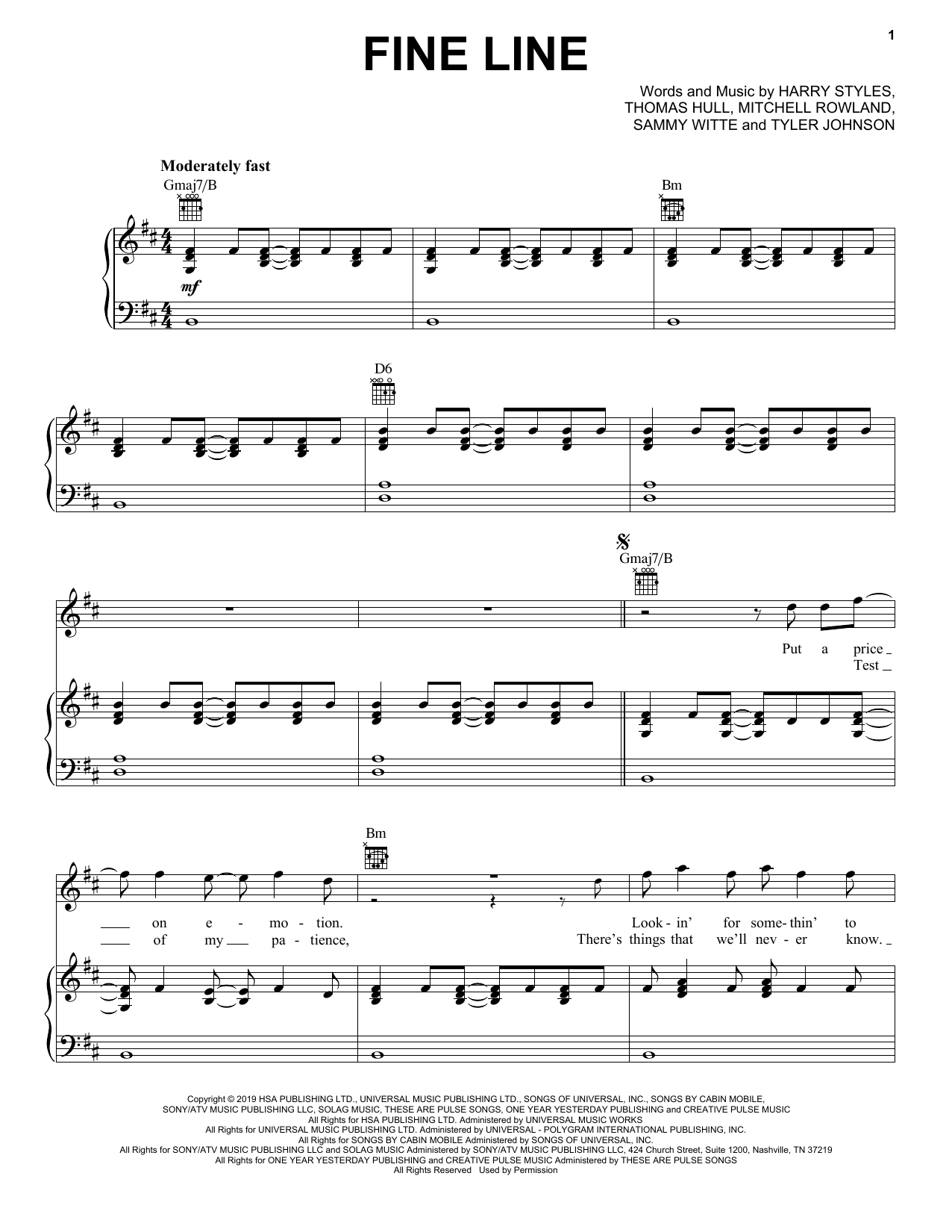 Harry Styles Fine Line Sheet Music Notes & Chords for Piano, Vocal & Guitar (Right-Hand Melody) - Download or Print PDF