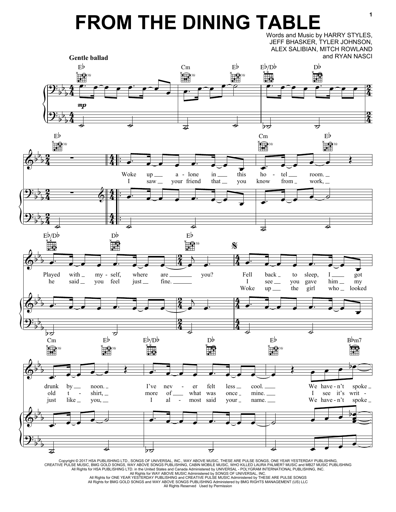 Harry Styles From The Dining Table Sheet Music Notes & Chords for Piano, Vocal & Guitar (Right-Hand Melody) - Download or Print PDF