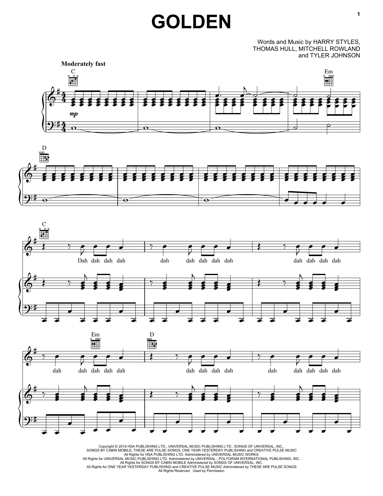 Harry Styles Golden Sheet Music Notes & Chords for Piano, Vocal & Guitar (Right-Hand Melody) - Download or Print PDF