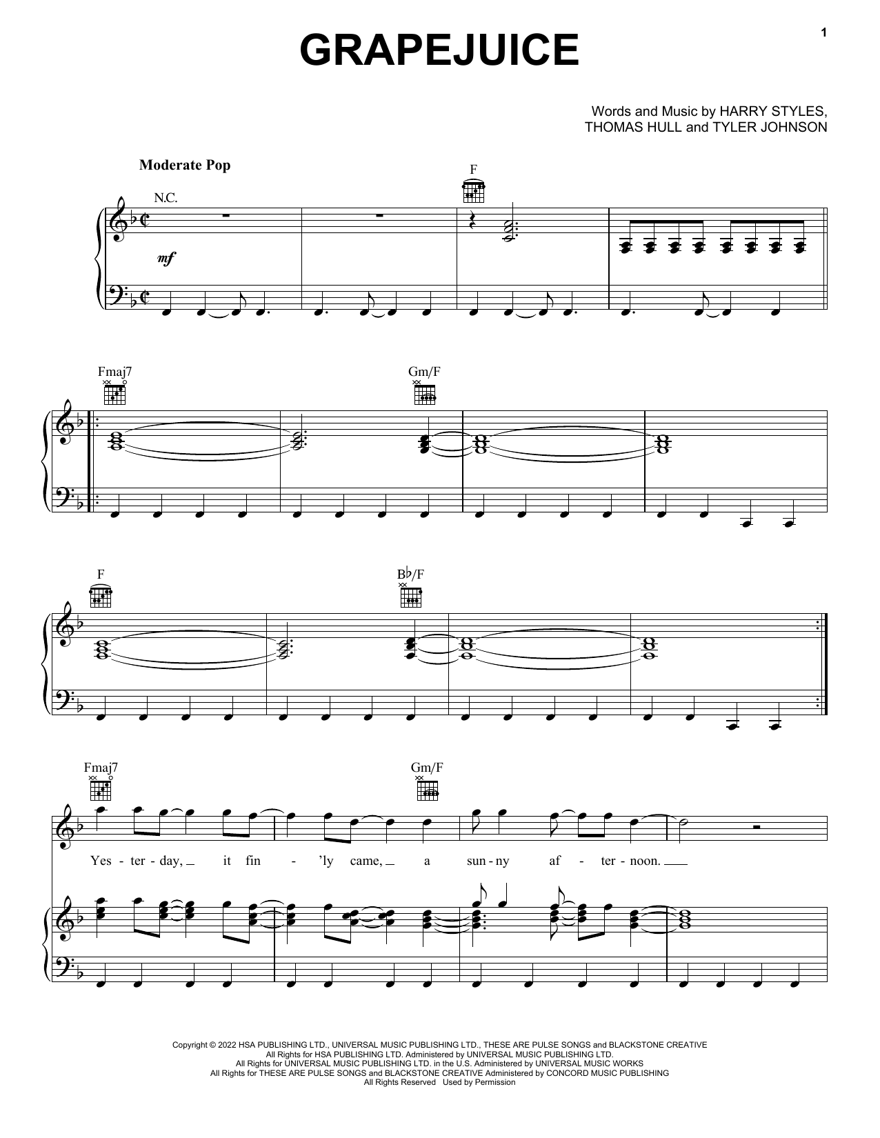 Harry Styles Grapejuice Sheet Music Notes & Chords for Piano, Vocal & Guitar Chords (Right-Hand Melody) - Download or Print PDF