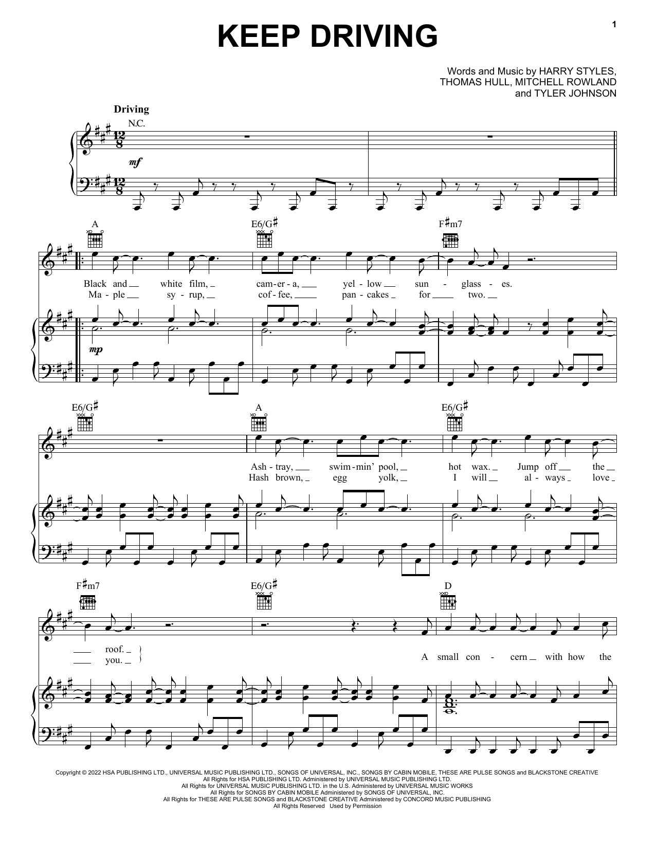 Harry Styles Keep Driving Sheet Music Notes & Chords for Piano, Vocal & Guitar Chords (Right-Hand Melody) - Download or Print PDF