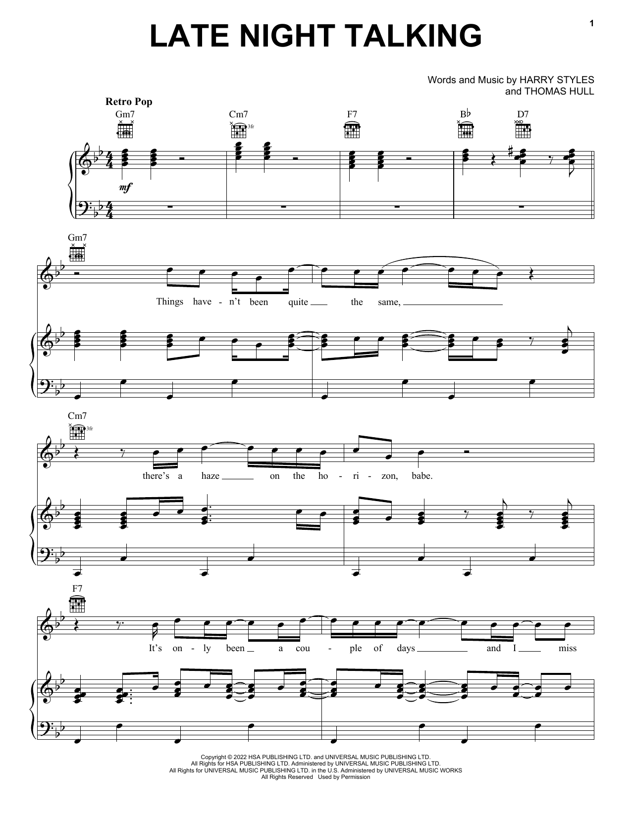 Harry Styles Late Night Talking Sheet Music Notes & Chords for Piano, Vocal & Guitar Chords (Right-Hand Melody) - Download or Print PDF