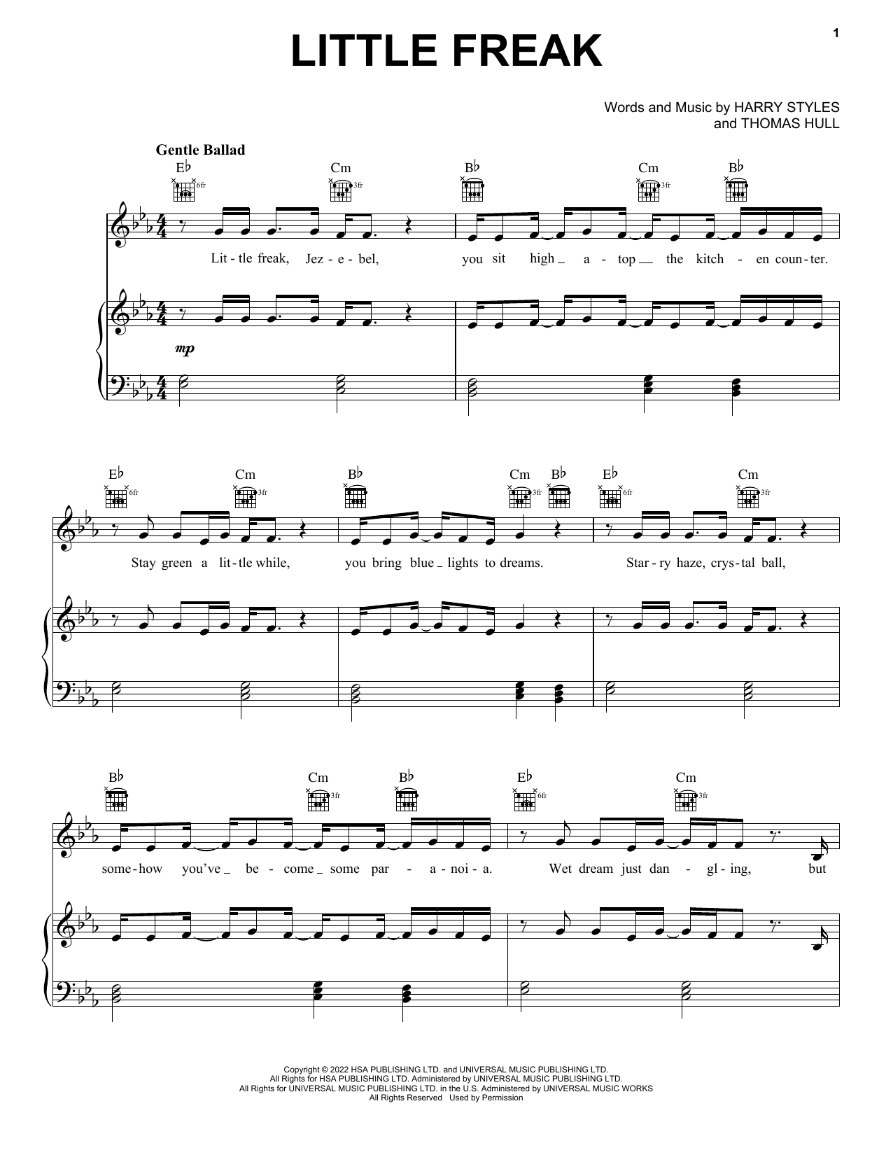 Harry Styles Little Freak Sheet Music Notes & Chords for Piano, Vocal & Guitar Chords (Right-Hand Melody) - Download or Print PDF