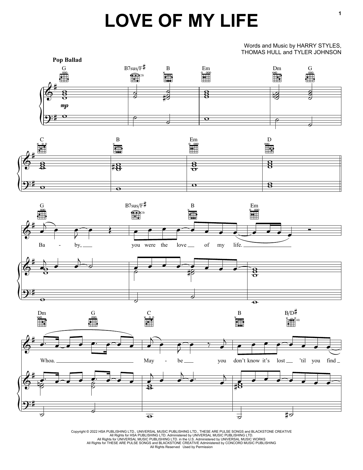 Harry Styles Love Of My Life Sheet Music Notes & Chords for Piano, Vocal & Guitar Chords (Right-Hand Melody) - Download or Print PDF