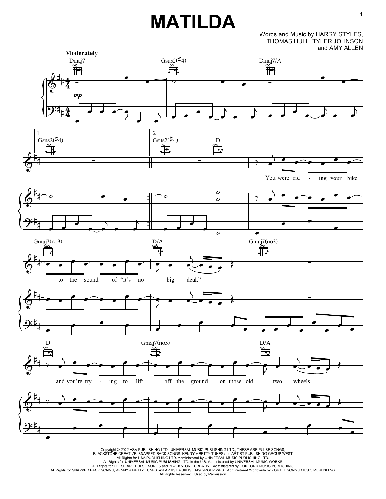 Harry Styles Matilda Sheet Music Notes & Chords for Piano, Vocal & Guitar Chords (Right-Hand Melody) - Download or Print PDF