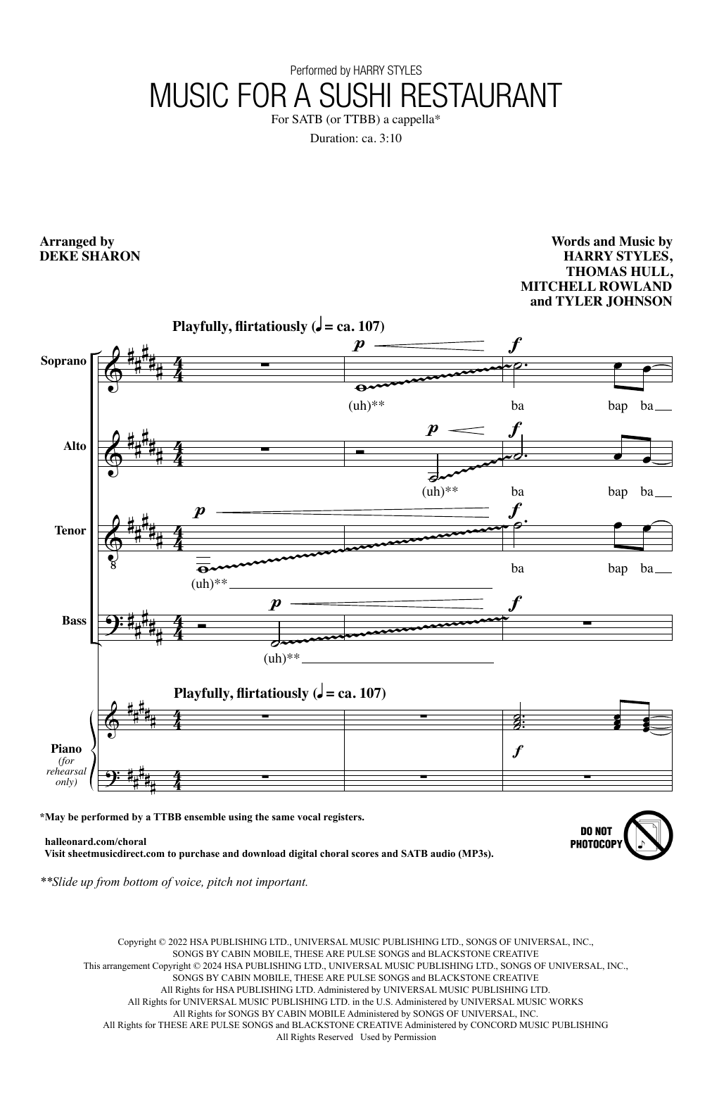 Harry Styles Music For A Sushi Restaurant (arr. Deke Sharon) Sheet Music Notes & Chords for SATB Choir - Download or Print PDF