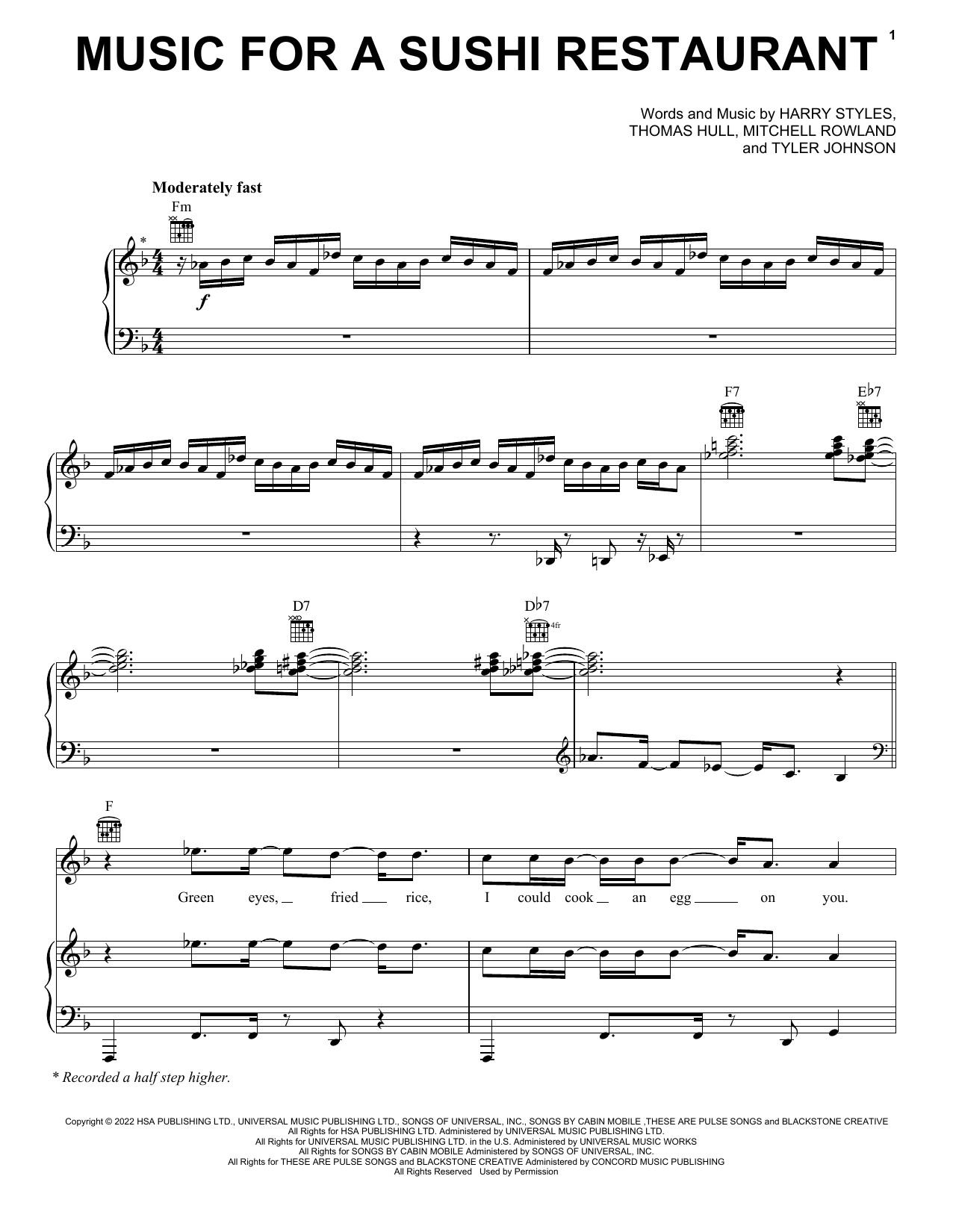 Harry Styles Music For A Sushi Restaurant Sheet Music Notes & Chords for Piano, Vocal & Guitar Chords (Right-Hand Melody) - Download or Print PDF