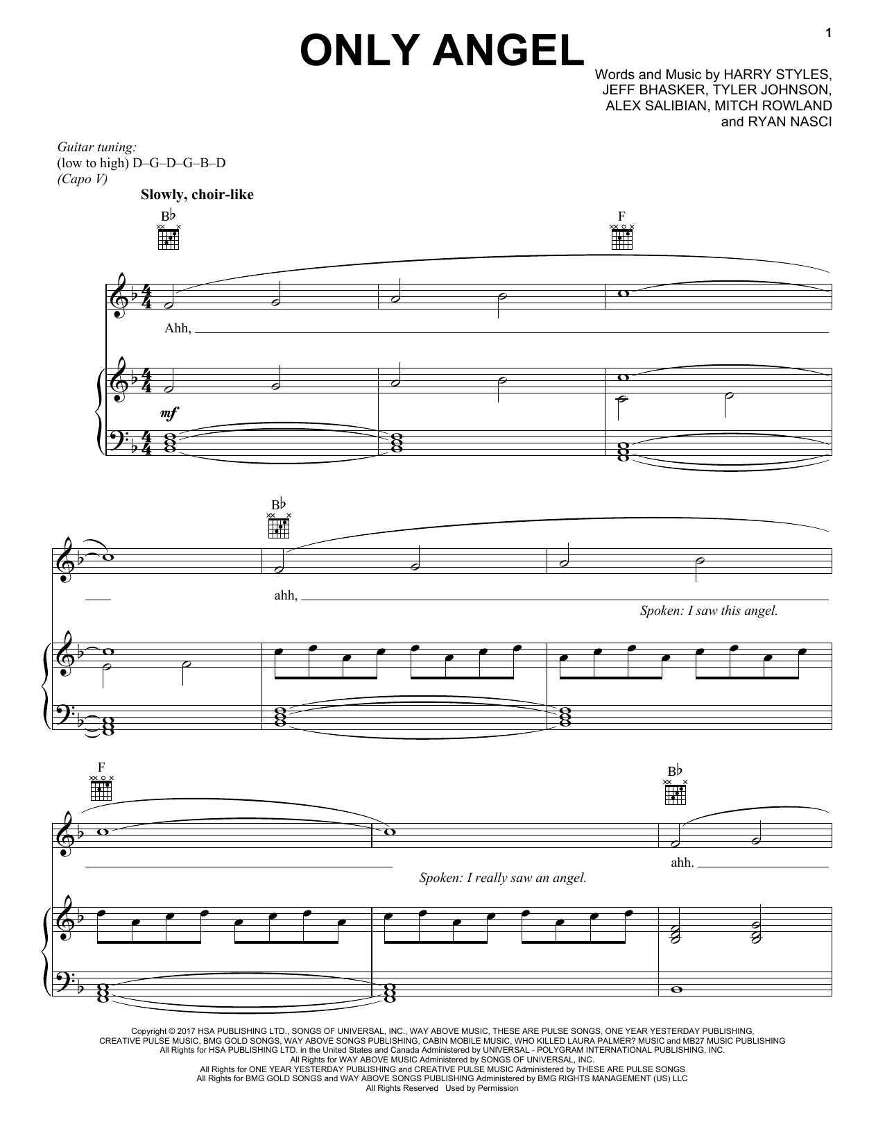Harry Styles Only Angel Sheet Music Notes & Chords for Piano, Vocal & Guitar (Right-Hand Melody) - Download or Print PDF