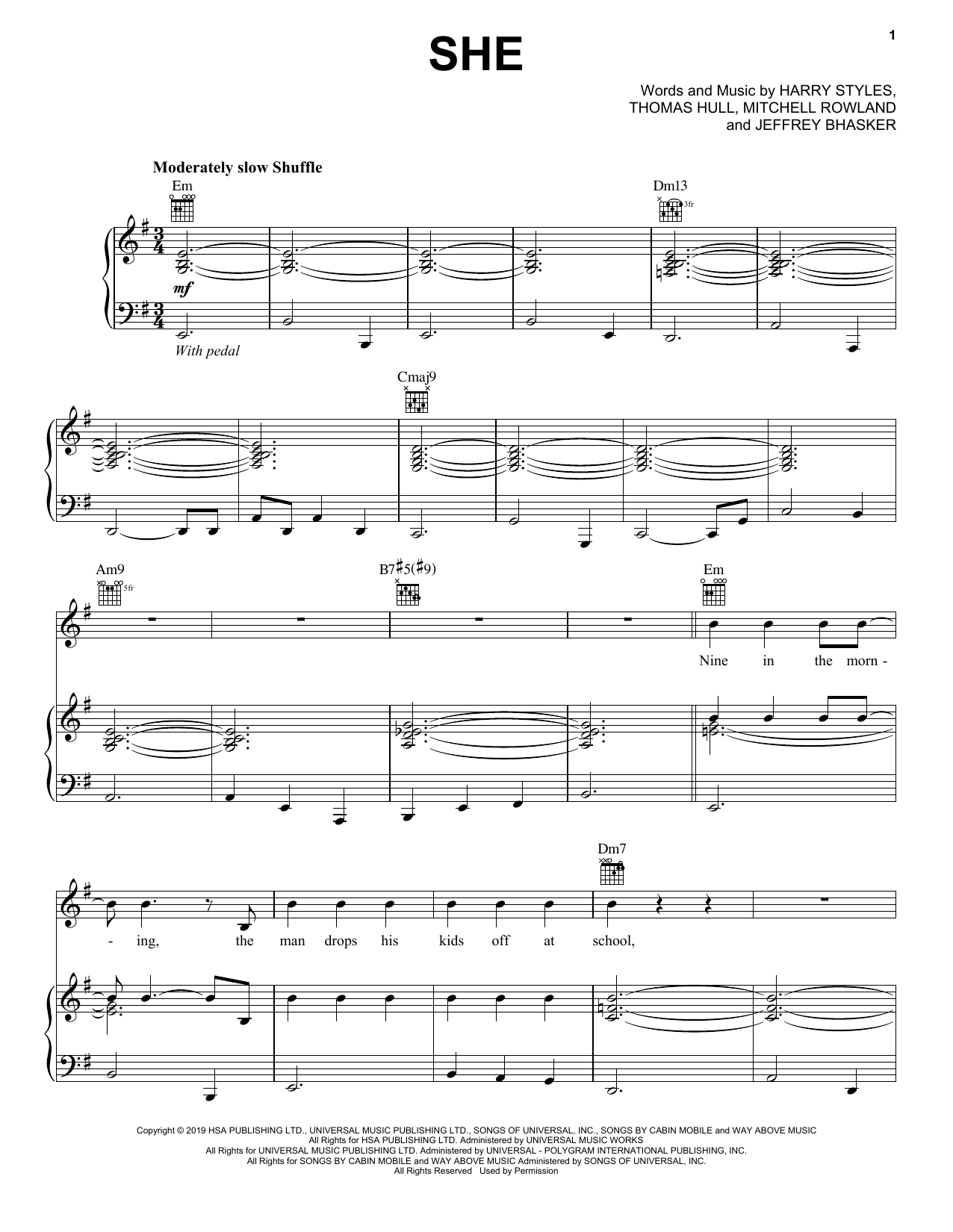 Harry Styles She Sheet Music Notes & Chords for Piano, Vocal & Guitar (Right-Hand Melody) - Download or Print PDF